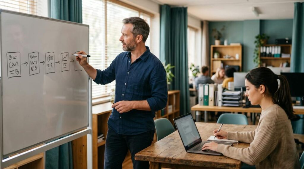 Vânzări B2B: procesul în 7 pași pentru firme fără director de vânzări Antreprenor desenând pe whiteboard pașii procesului de vânzare B2B